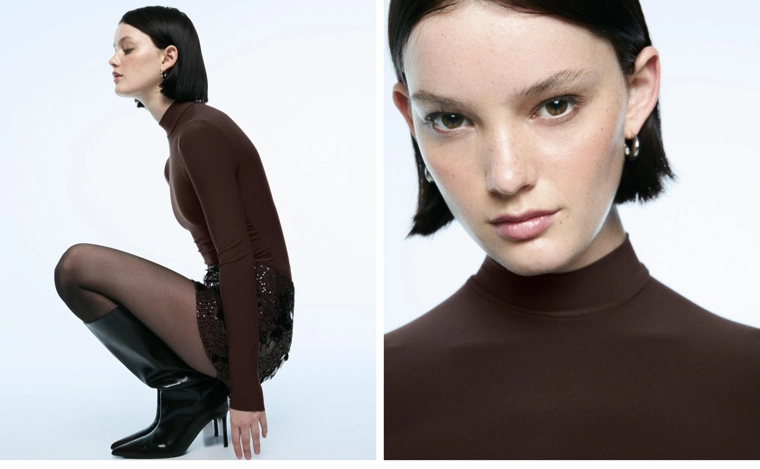 Боди с длинными рукавами и воротником-стойкой