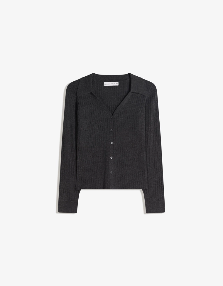 Кардиган в рубчик с воротником-поло