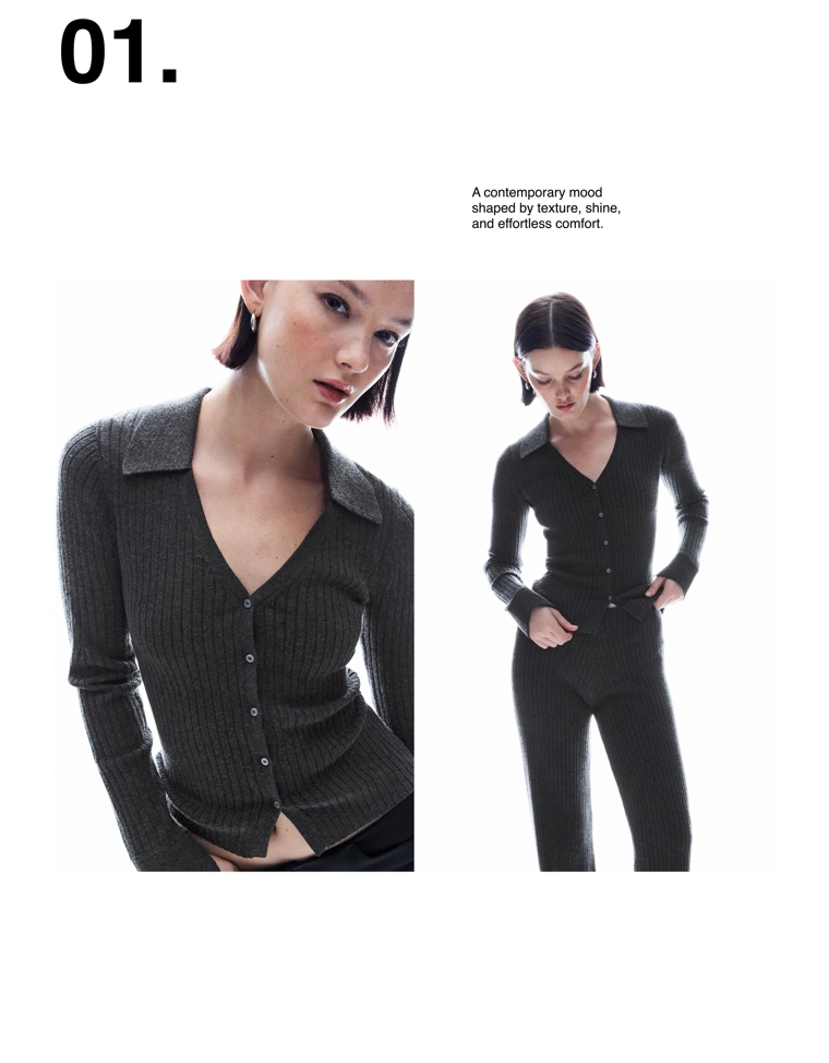 Кардиган в рубчик с воротником-поло