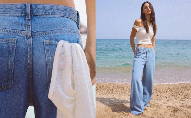 Джинсы с широкими штанинами и поясом на запахе