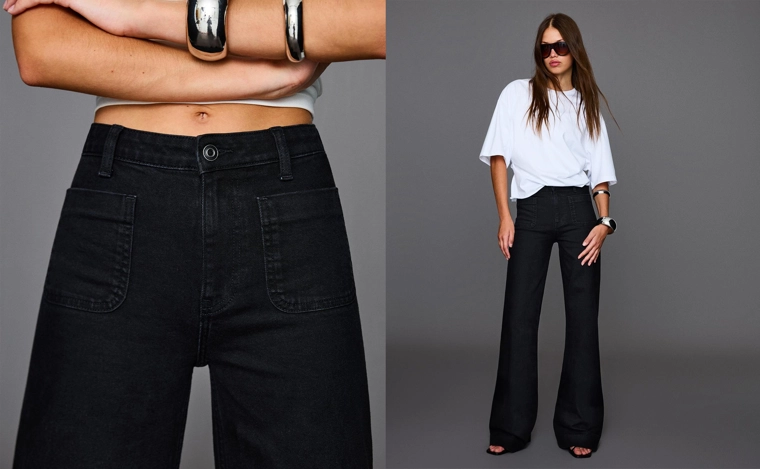 Бесшовные джинсы с широкими штанинами и карманами