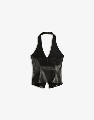 Топ из искусственной кожи с горловиной халтер и молнией- Заказать в России