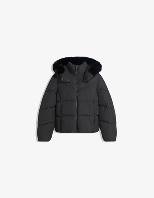 Пуховик из водоотталкивающей ткани с капюшоном и мехом- Заказать в России