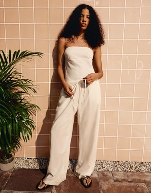 Брюки из смесового льна с эластичным поясом- Заказать в России