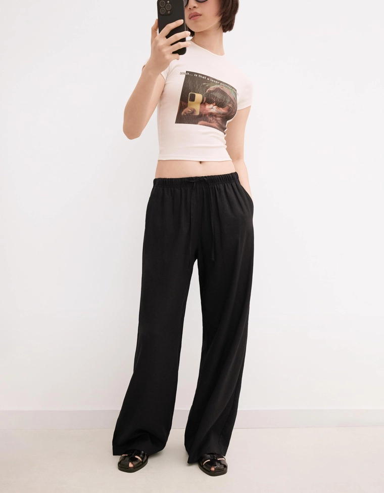 Брюки из смесового льна с эластичным поясом