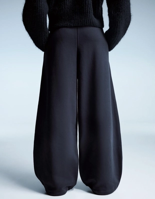 Navy | 5111/190/462 - Bershka Брюки BARREL из мягкой ткани с фиксаторами