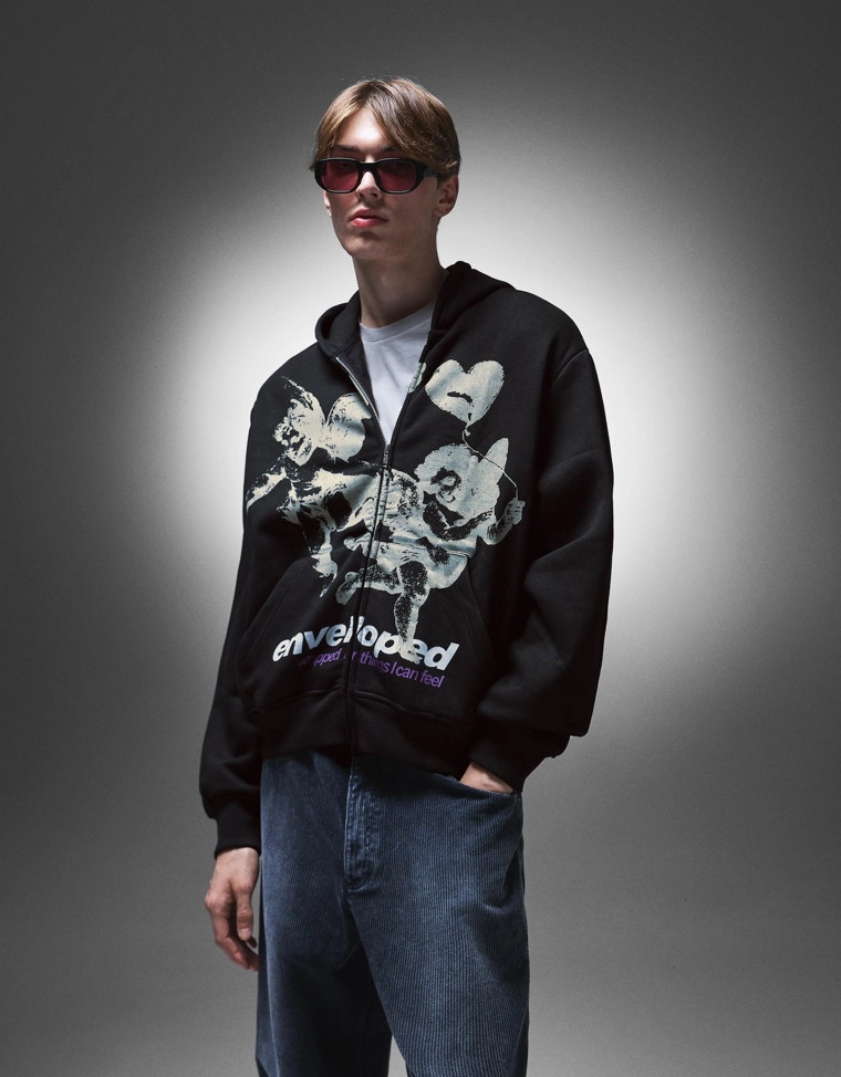 Худи на молнии с капюшоном и принтом