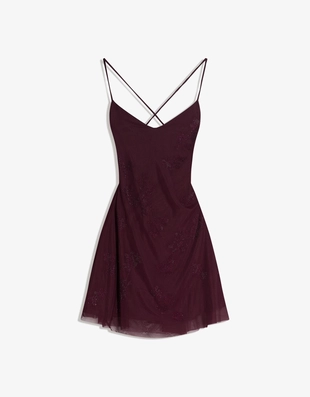 Мини-платье из полупрозрачной ткани на бретелях со стразами- Заказать в России