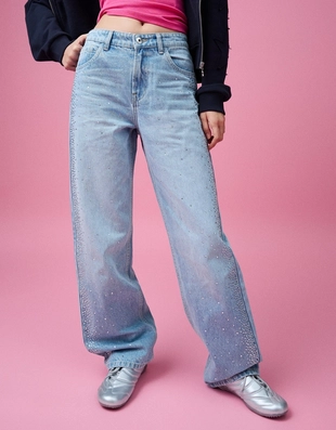 Джинсы прямого кроя с широкими штанинами, высокой посадкой и стразами- Заказать в России