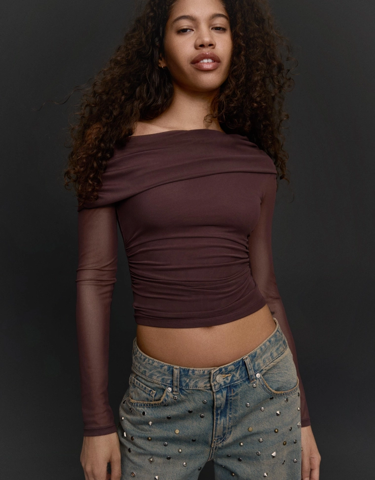 Асимметричный лонгслив из полупрозрачной ткани