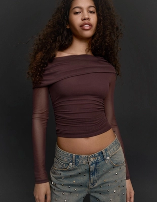 Асимметричный лонгслив из полупрозрачной ткани- Заказать в России