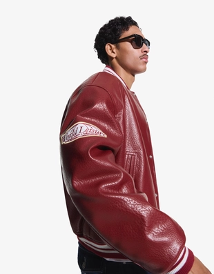 Куртка-бомбер из искусственной кожи с принтом- Заказать в России