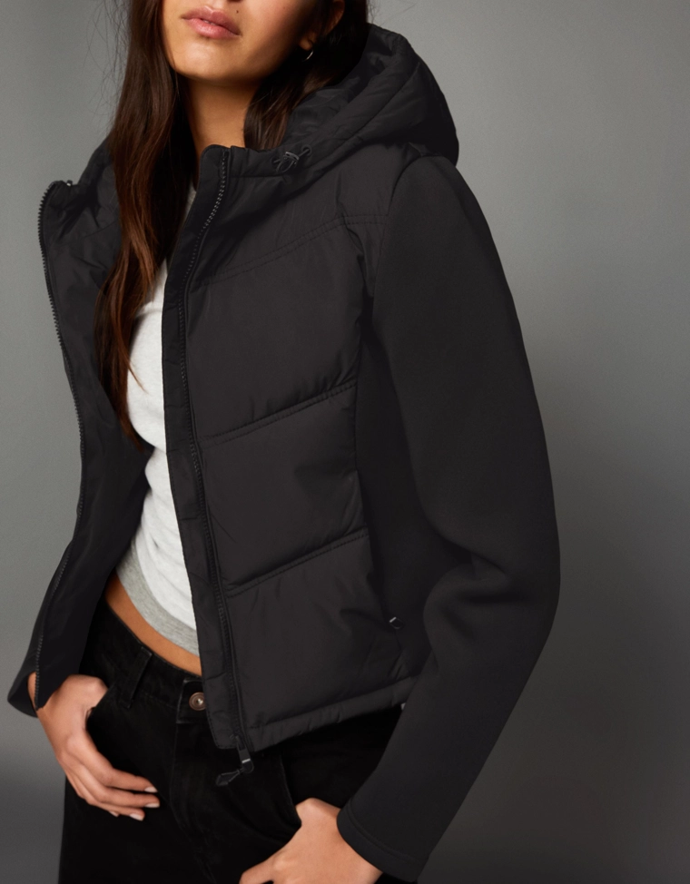 Combined hood jacket with neoprene effect