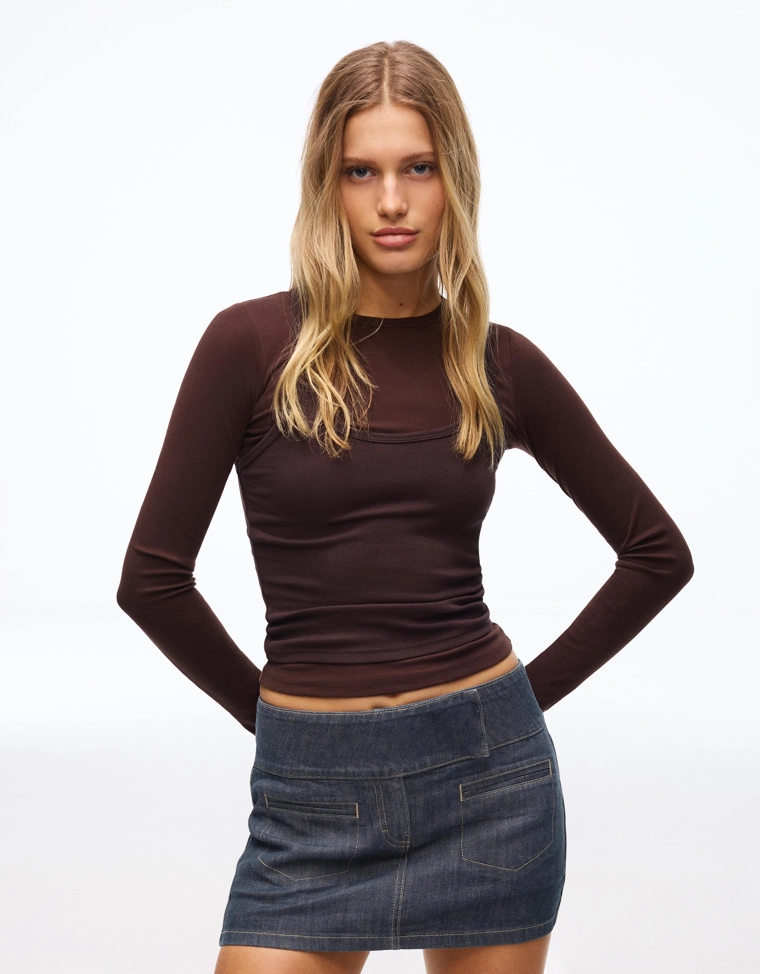 Джинсовые юбка-шорты с завышенной талией