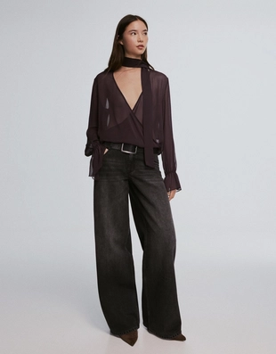 Блуза с длинными рукавами и шарфом с запахом- Заказать в России