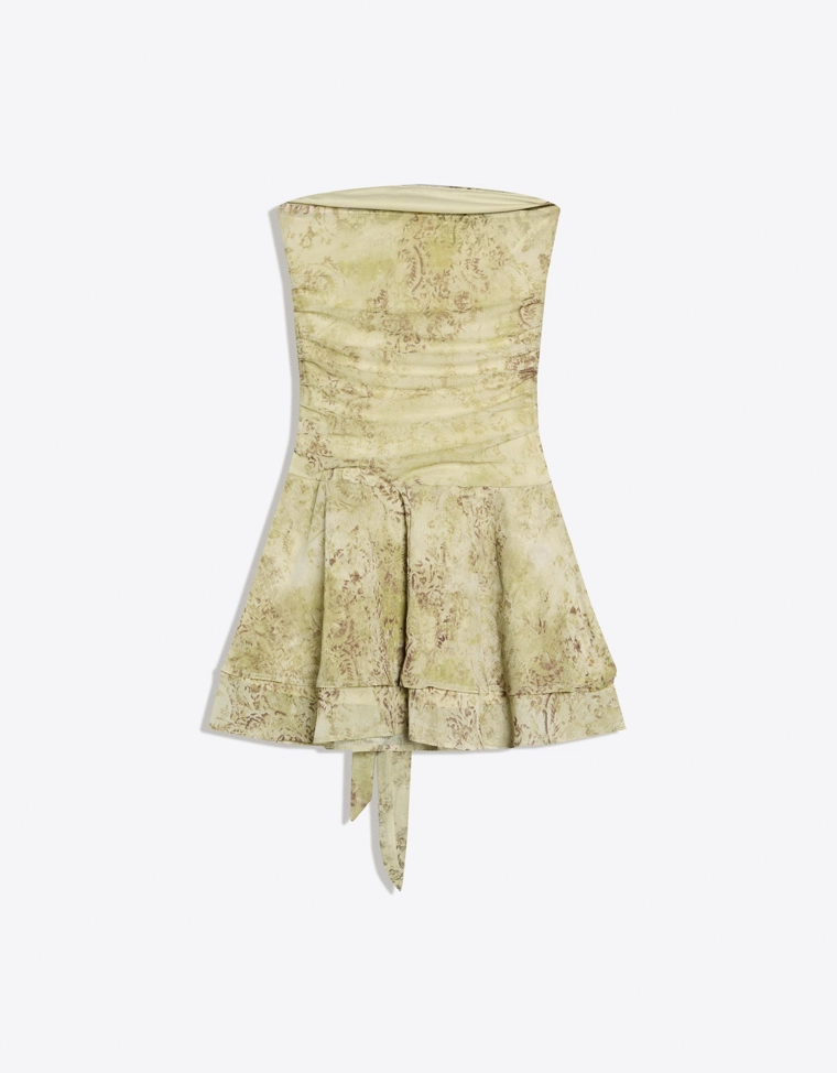 Мини-платье бандо с поясом и принтом