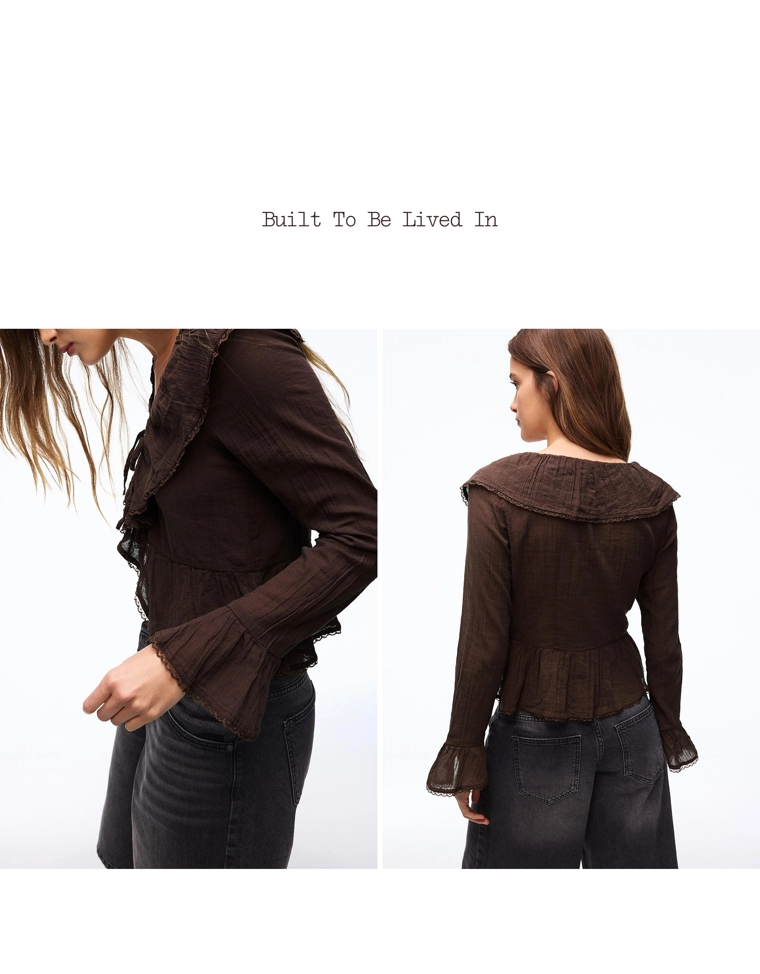 Блуза в стиле рустик с длинными рукавами и воланами