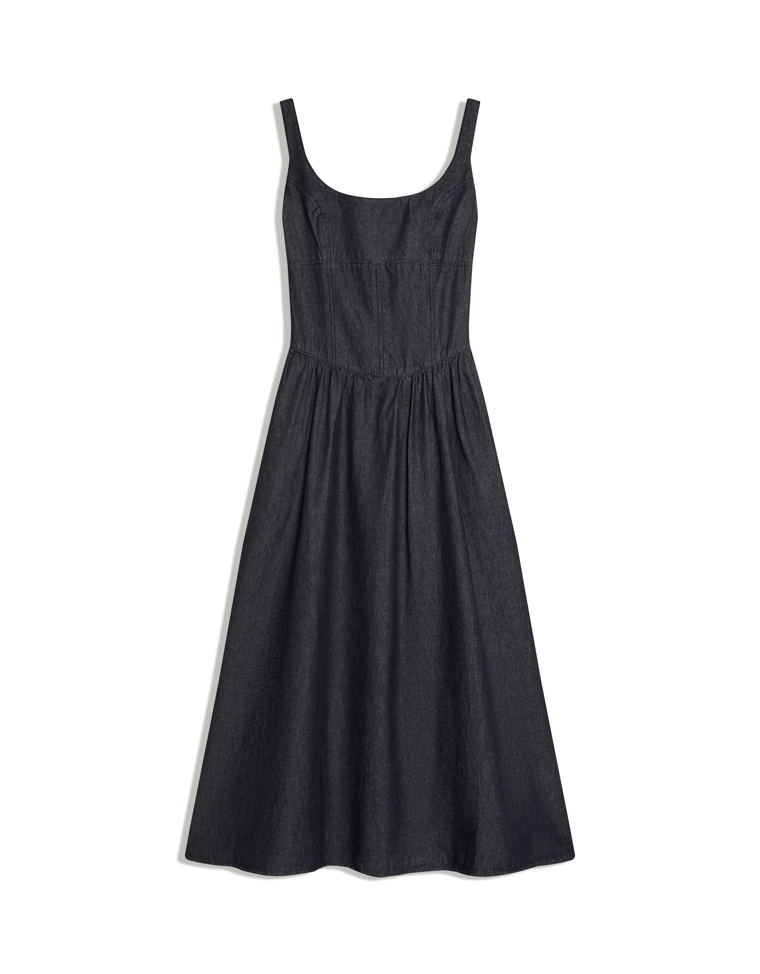 Джинсовое платье миди с воланами