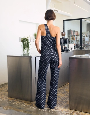 Джинсовый топ асимметричного кроя в горошек- Заказать в России