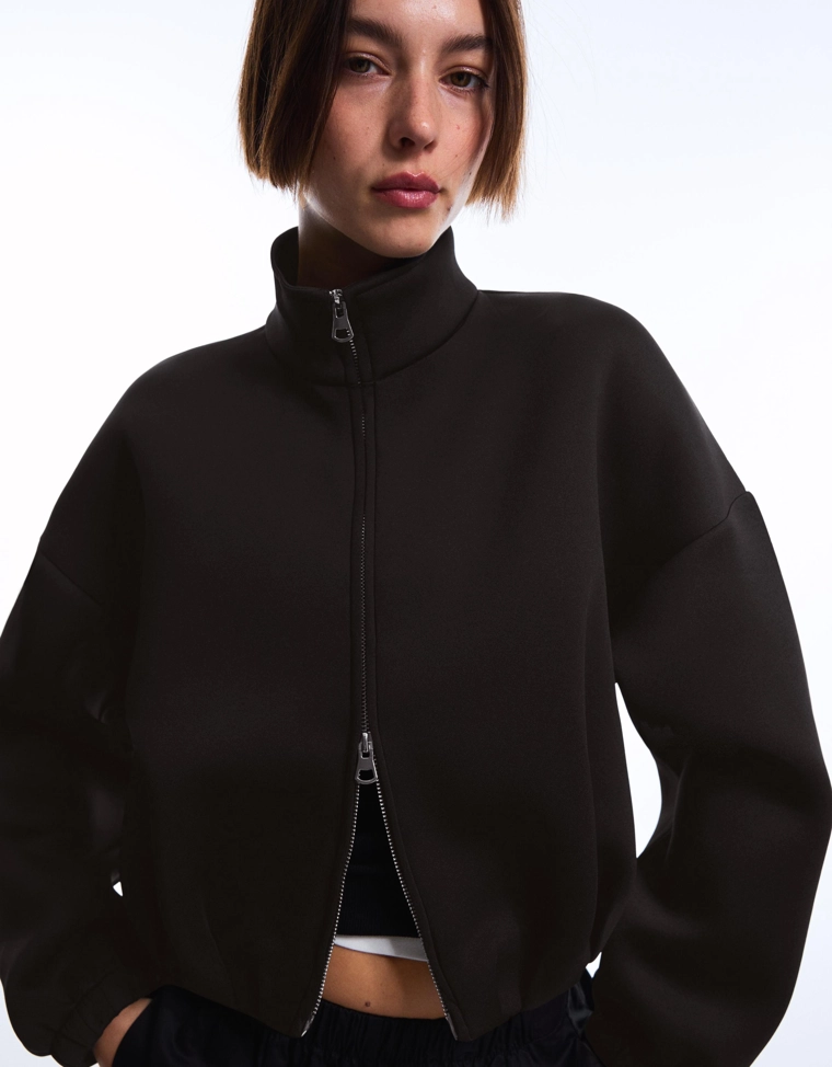 Neoprene effect zip-up balloon sweatshirt