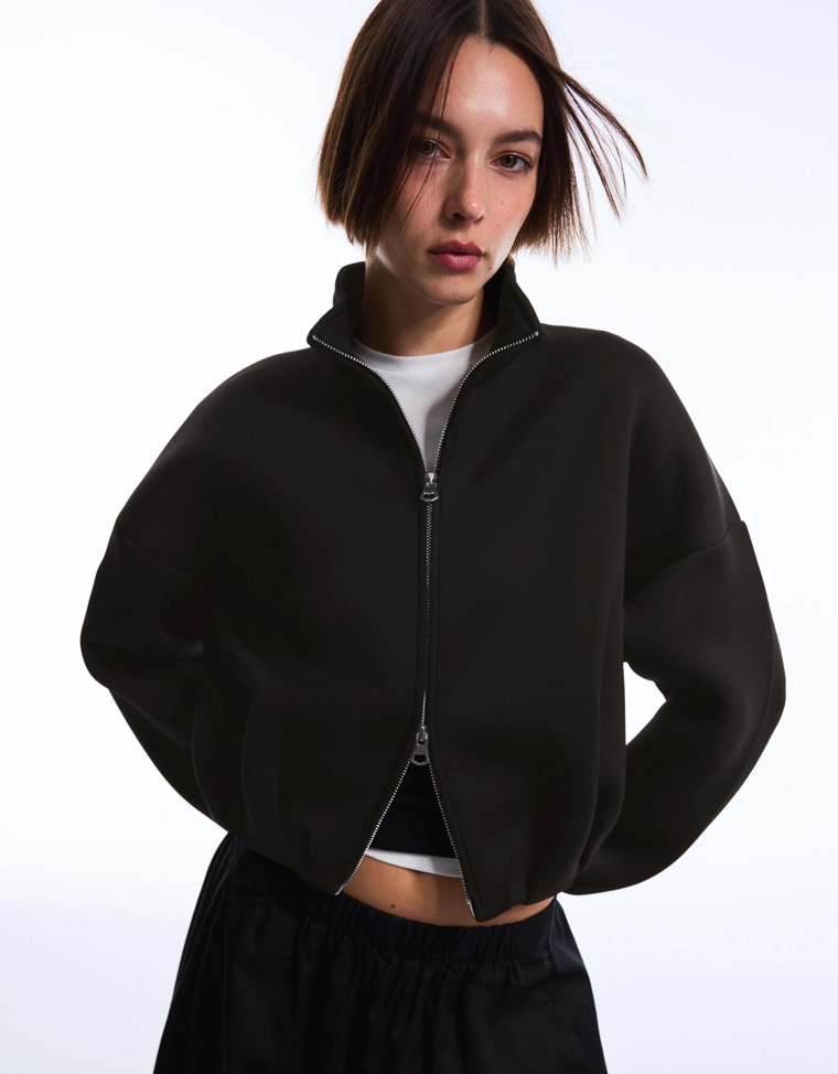 Neoprene effect zip-up balloon sweatshirt