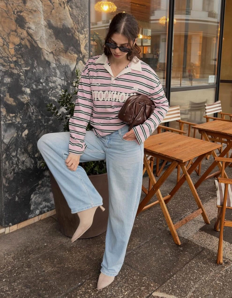 Футболка с воротником поло, длинными рукавами и принтом