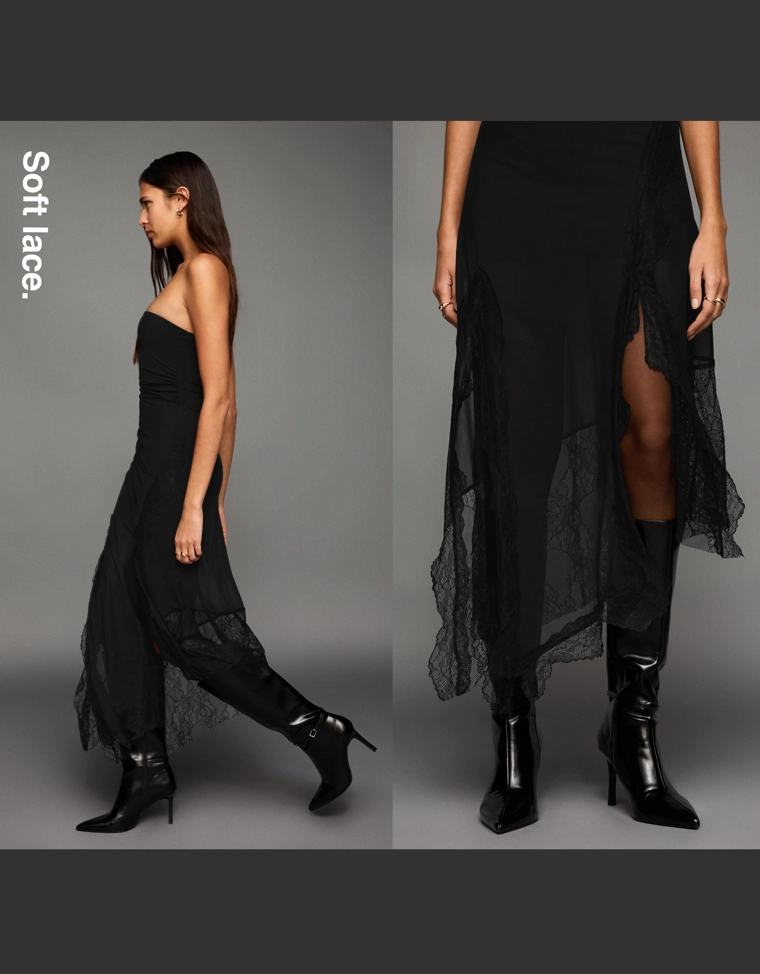 Асимметричное кружевное платье миди бандо из полупрозрачной ткани