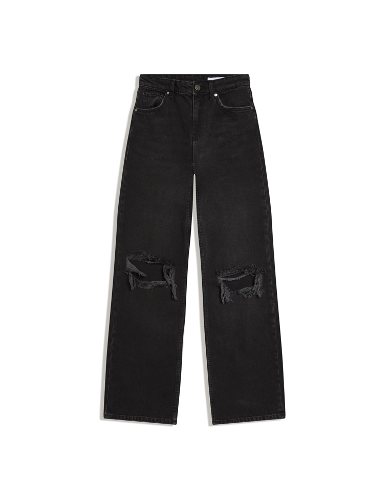 Джинсы с широкими штанинами, высокой посадкой и разрезами