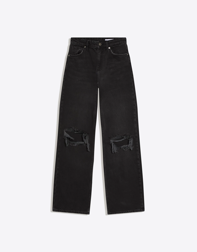 Джинсы с широкими штанинами, высокой посадкой и разрезами