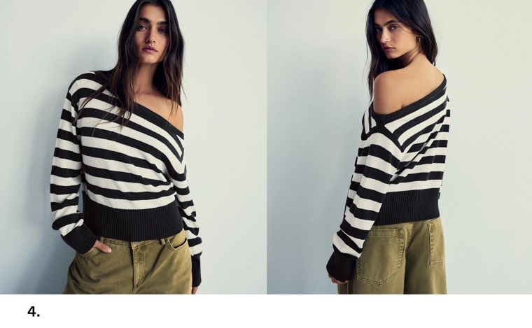 Свитер асимметричного кроя в стиле рустик в полоску