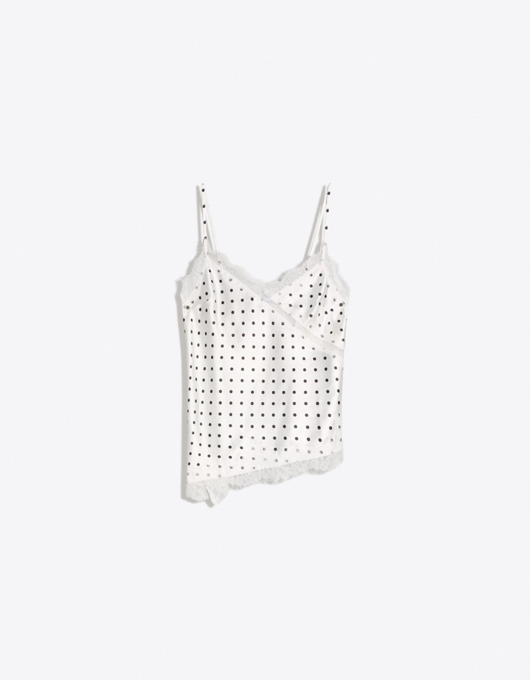 Топ из сатина на бретелях с асимметричным кружевом