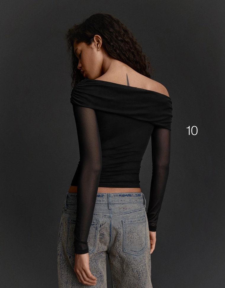 Асимметричный лонгслив из полупрозрачной ткани