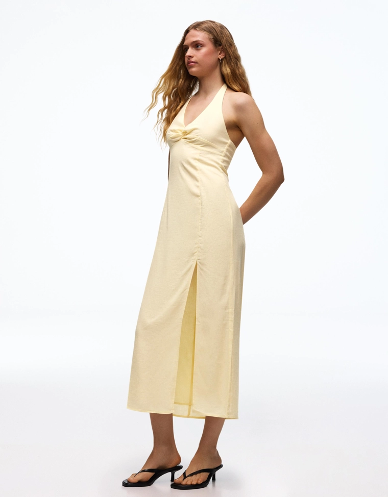 Платье миди из льна с горловиной халтер