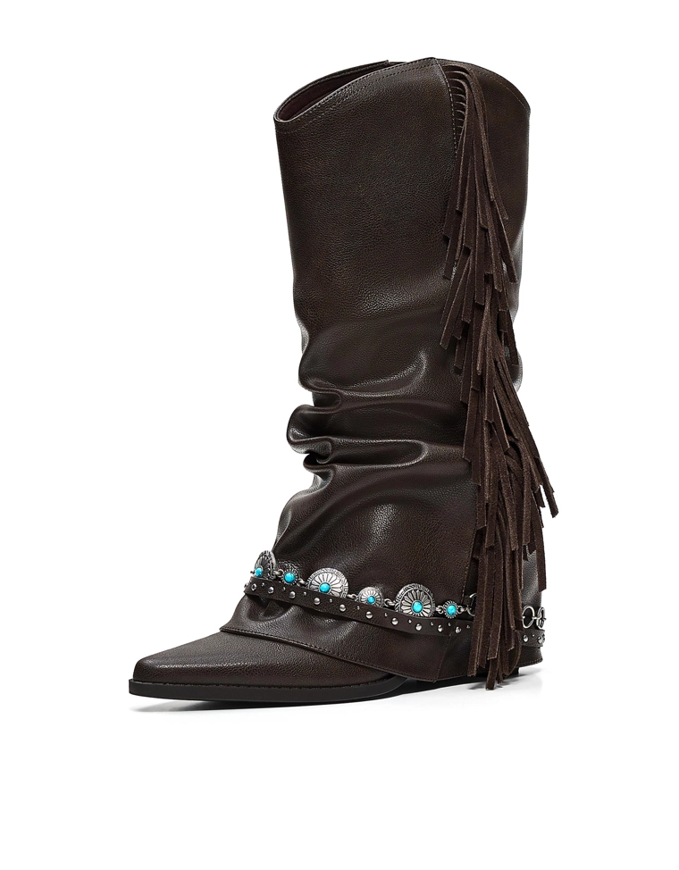 Fringed cowboy heel boots