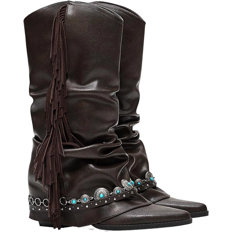 Fringed cowboy heel boots