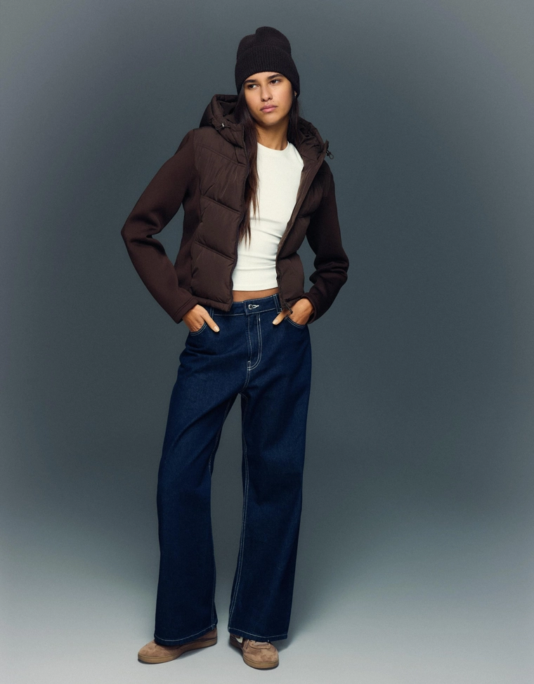 Combined hood jacket with neoprene effect