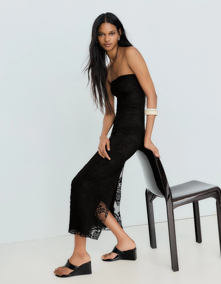 Платье миди в стиле рустик с вырезом бандо