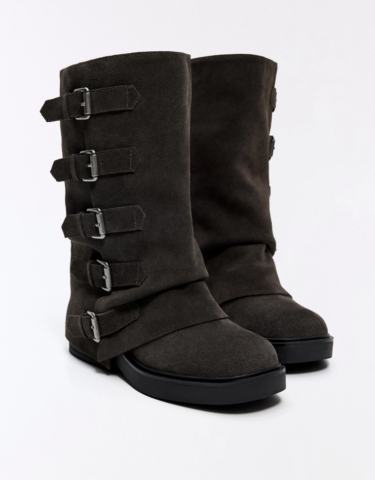 Leather trouser ankle boots with buckles