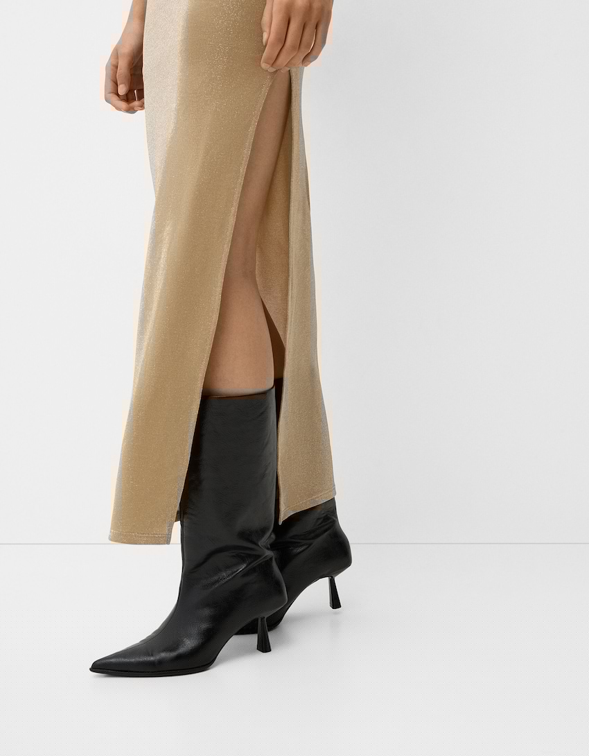 Платье миди из ткани с блестящей нитью с вырезом бандо