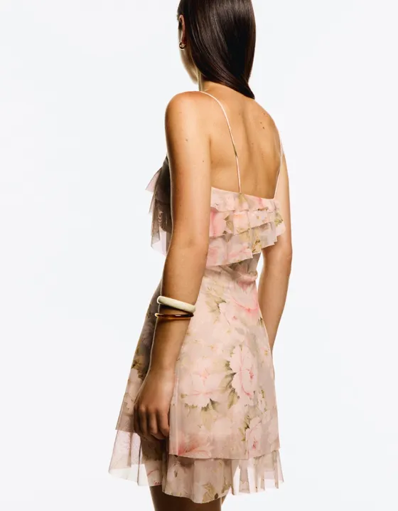 Printed tulle mini dress with ruffles