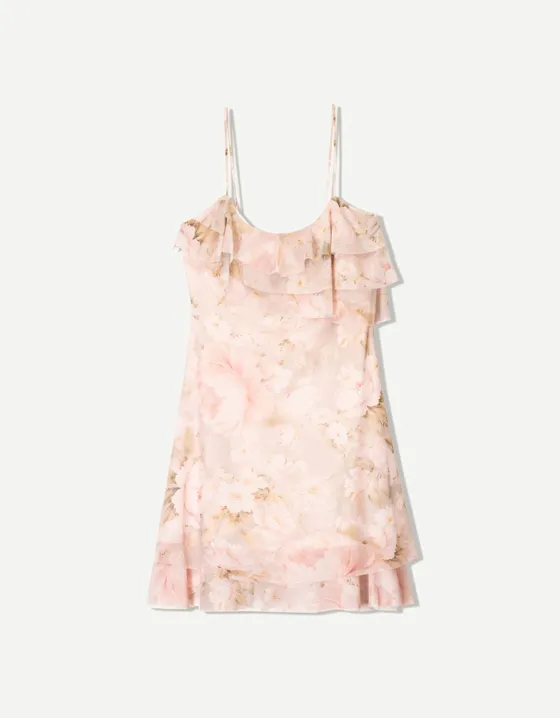 Printed tulle mini dress with ruffles
