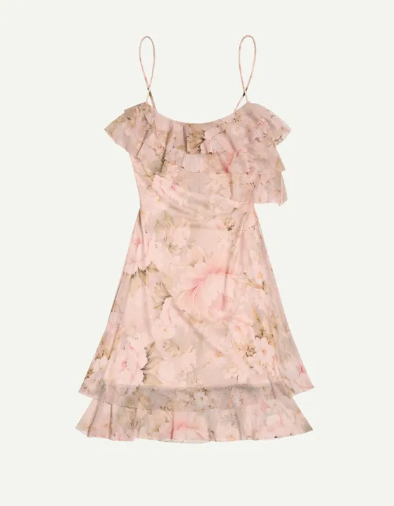 Printed tulle mini dress with ruffles