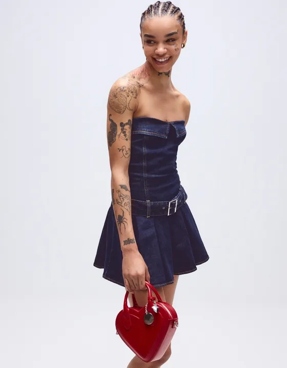 Denim mini dress with box pleats