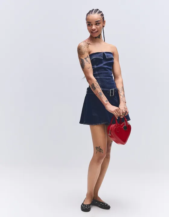 Denim mini dress with box pleats