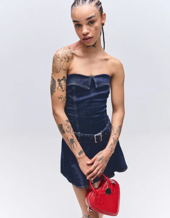 Denim mini dress with box pleats