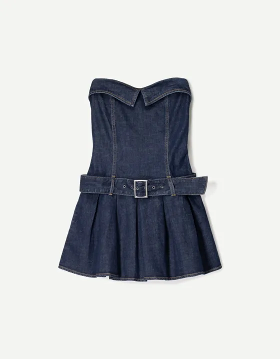 Denim mini dress with box pleats