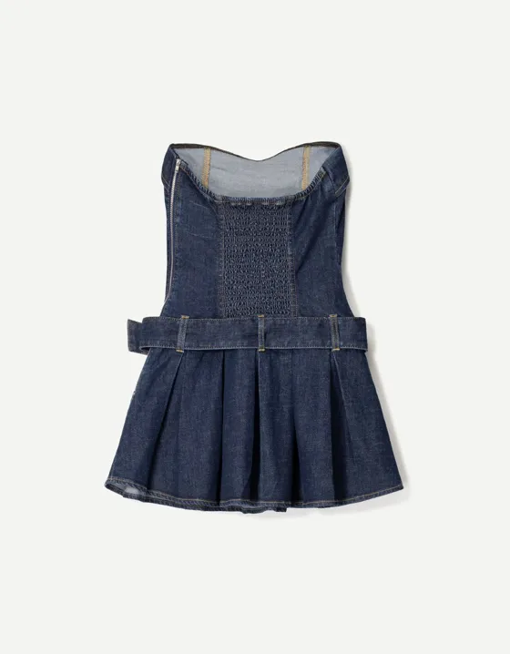 Denim mini dress with box pleats