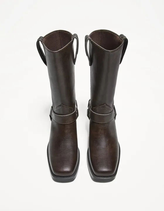 Mid-calf flat biker boots