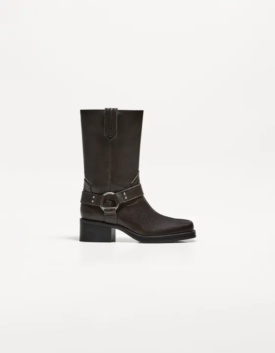 Mid-calf flat biker boots