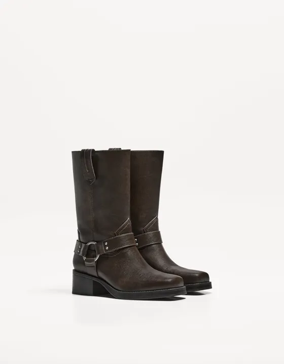 Mid-calf flat biker boots